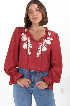 Lucian Blouse - Frill Neckline Pull Over Floral Decal Blouse in Red><noscript><img width=