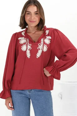 Lucian Blouse - Frill Neckline Pull Over Floral Decal Blouse in Red><noscript><img width=