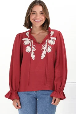 Lucian Blouse - Frill Neckline Pull Over Floral Decal Blouse in Red><noscript><img width=