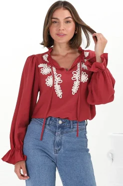 Lucian Blouse - Frill Neckline Pull Over Floral Decal Blouse in Red><noscript><img width=