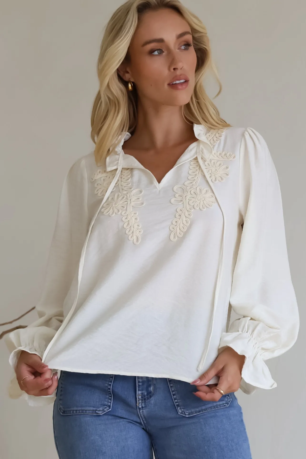 Lucian Blouse - Frill Neckline Pull Over Floral Decal Blouse in Cream>Salty Crush Sale