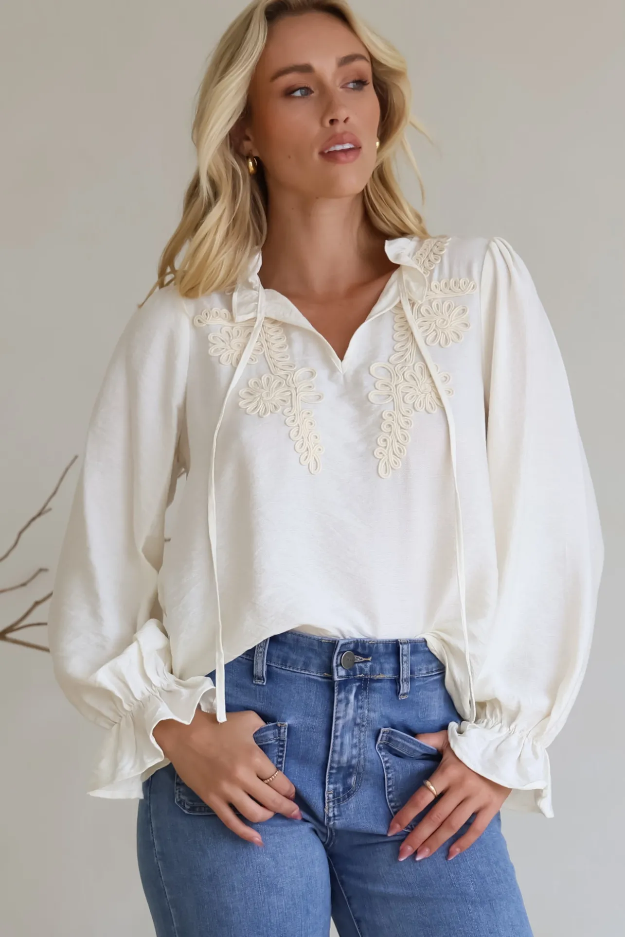 Lucian Blouse - Frill Neckline Pull Over Floral Decal Blouse in Cream>Salty Crush Sale