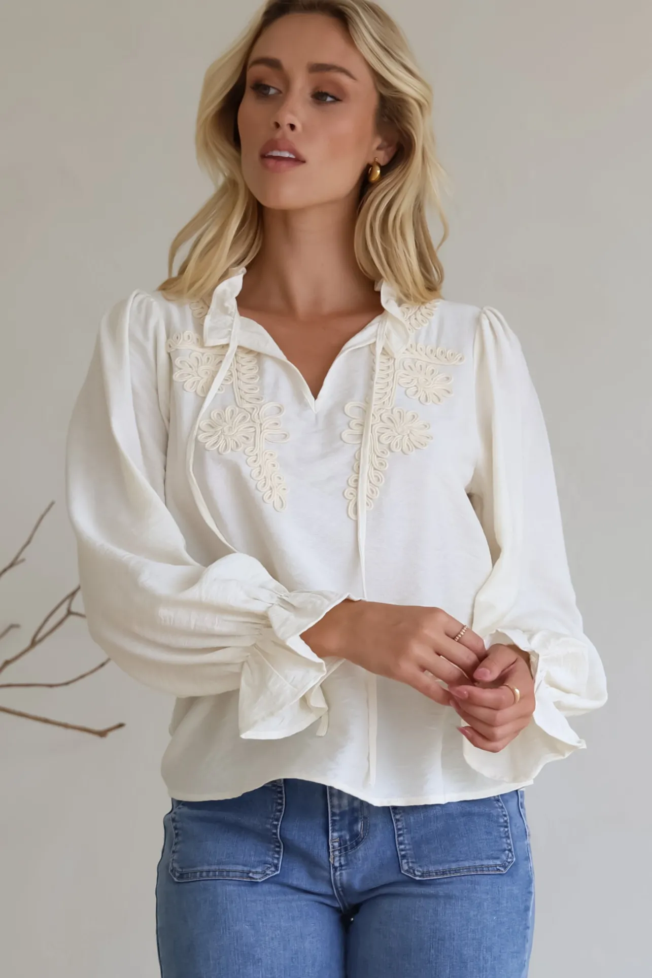 Lucian Blouse - Frill Neckline Pull Over Floral Decal Blouse in Cream>Salty Crush Sale