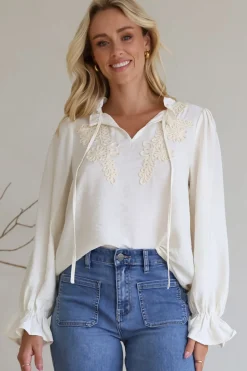 Lucian Blouse - Frill Neckline Pull Over Floral Decal Blouse in Cream><noscript><img width=