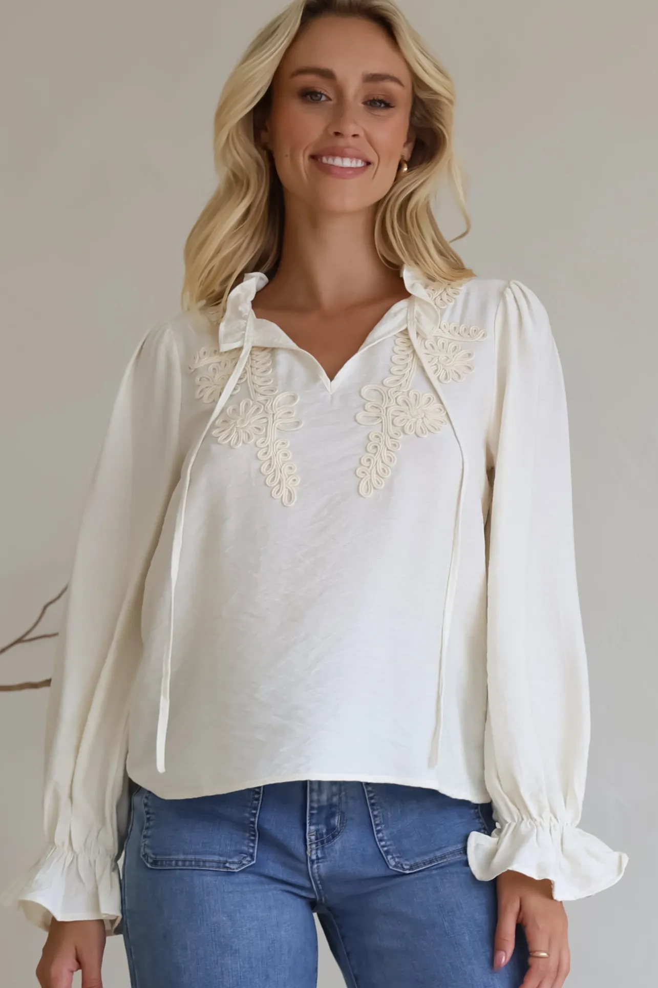 Lucian Blouse - Frill Neckline Pull Over Floral Decal Blouse in Cream>Salty Crush Sale