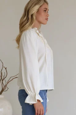 Lucian Blouse - Frill Neckline Pull Over Floral Decal Blouse in Cream><noscript><img width=