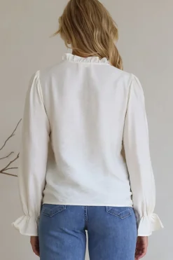 Lucian Blouse - Frill Neckline Pull Over Floral Decal Blouse in Cream><noscript><img width=
