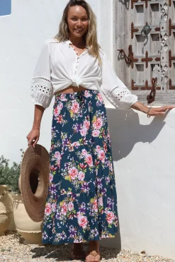 Lucien Maxi Skirt - High Waisted Tiered Skirt in Virginia Print Navy>Salty Crush Hot