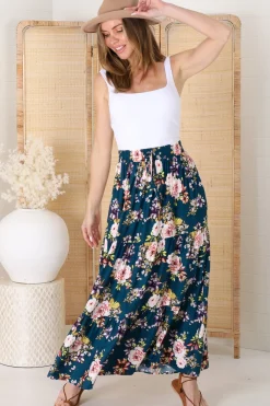 Lucien Maxi Skirt - High Waisted Tiered Skirt in Virginia Print Navy><noscript><img width=