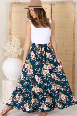 Lucien Maxi Skirt - High Waisted Tiered Skirt in Virginia Print Navy><noscript><img width=