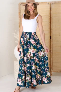 Lucien Maxi Skirt - High Waisted Tiered Skirt in Virginia Print Navy><noscript><img width=