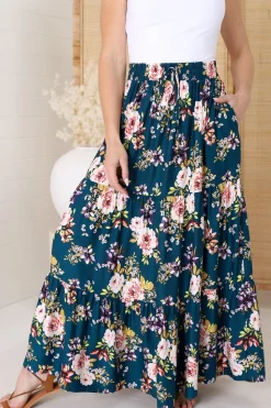 Lucien Maxi Skirt - High Waisted Tiered Skirt in Virginia Print Navy><noscript><img width=