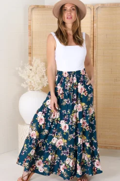 Lucien Maxi Skirt - High Waisted Tiered Skirt in Virginia Print Navy><noscript><img width=