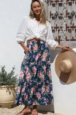 Lucien Maxi Skirt - High Waisted Tiered Skirt in Virginia Print Navy><noscript><img width=