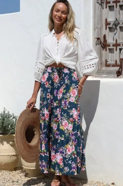 Lucien Maxi Skirt - High Waisted Tiered Skirt in Virginia Print Navy><noscript><img width=
