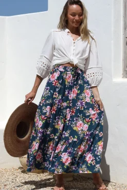 Lucien Maxi Skirt - High Waisted Tiered Skirt in Virginia Print Navy><noscript><img width=