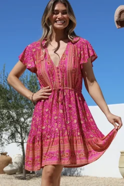Lucille Mini Dress - Cap Sleeve A Line Dress in Quinne Print>Salty Crush Clearance
