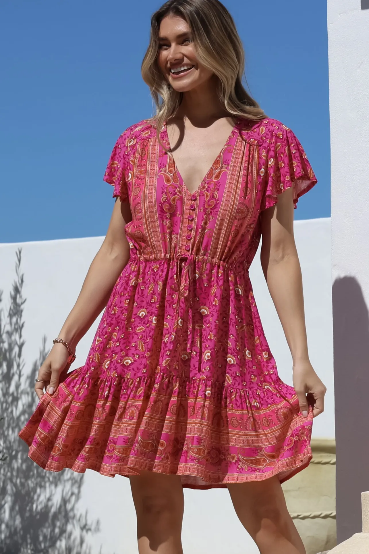 Lucille Mini Dress - Cap Sleeve A Line Dress in Quinne Print>Salty Crush Clearance