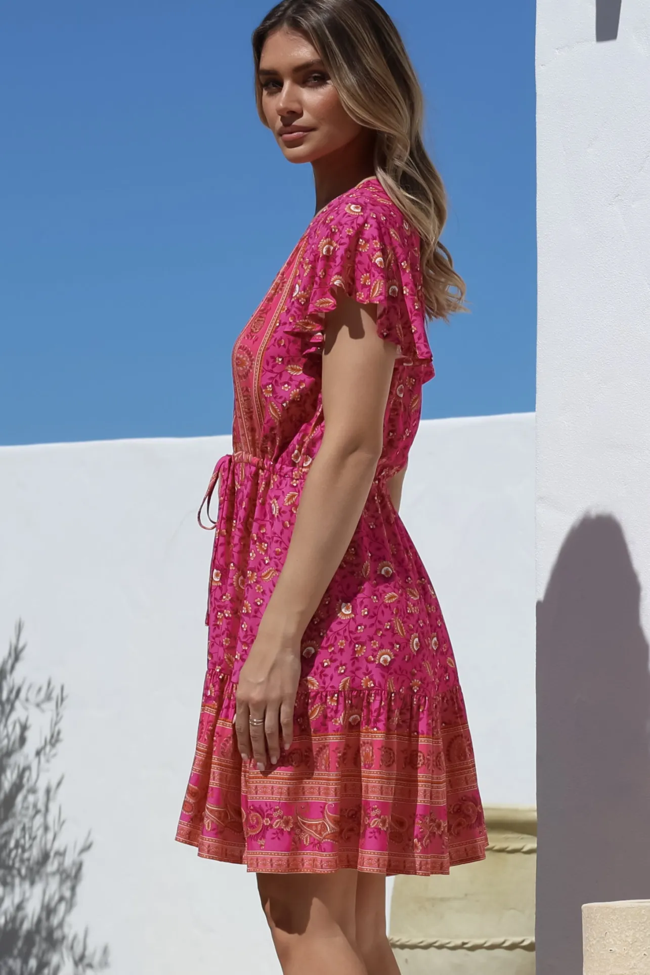 Lucille Mini Dress - Cap Sleeve A Line Dress in Quinne Print>Salty Crush Clearance