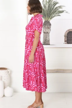 Luvira Midi Dress - Button Down Collared Dress With Statement Belt In Pink><noscript><img width=
