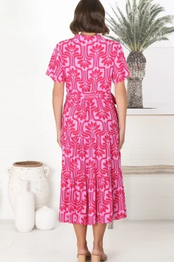 Luvira Midi Dress - Button Down Collared Dress With Statement Belt In Pink><noscript><img width=