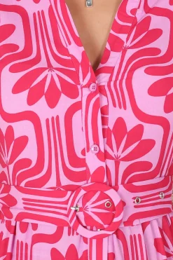 Luvira Midi Dress - Button Down Collared Dress With Statement Belt In Pink><noscript><img width=