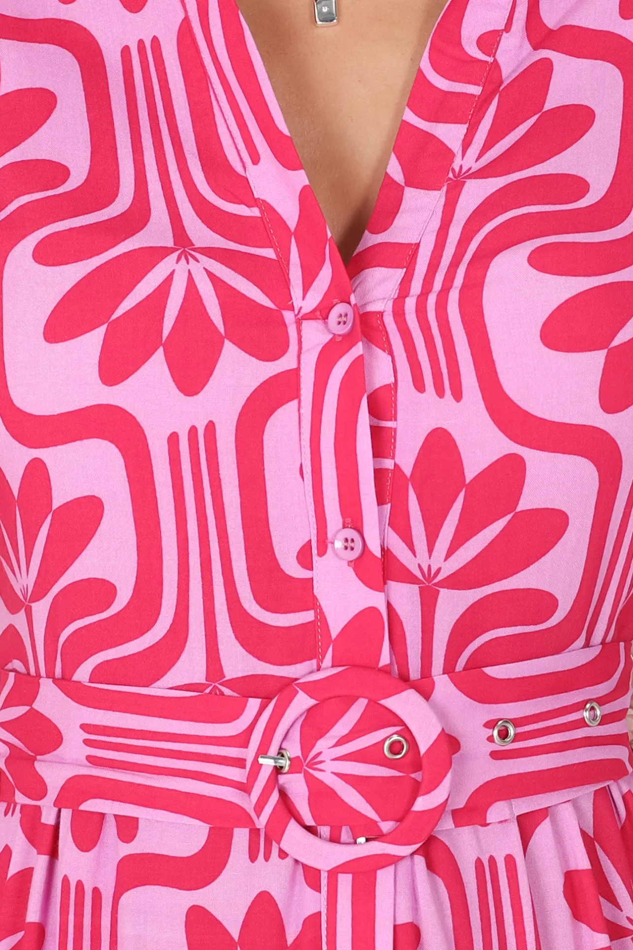 Luvira Midi Dress - Button Down Collared Dress With Statement Belt In Pink>Salty Crush Outlet