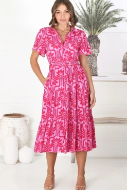 Luvira Midi Dress - Button Down Collared Dress With Statement Belt In Pink><noscript><img width=