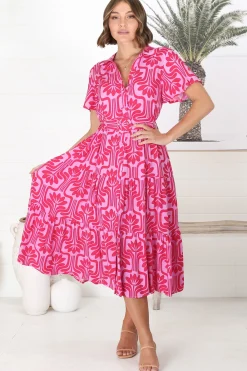 Luvira Midi Dress - Button Down Collared Dress With Statement Belt In Pink><noscript><img width=
