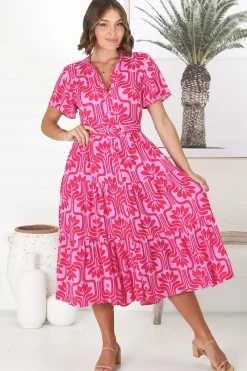 Luvira Midi Dress - Button Down Collared Dress With Statement Belt In Pink><noscript><img width=