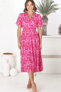 Luvira Midi Dress - Button Down Collared Dress With Statement Belt In Pink><noscript><img width=
