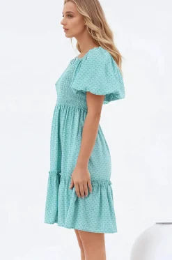 Lyn Mini Dress - On or Off Shoulder Shirred Bodice Mini Dress in Airin Print><noscript><img width=