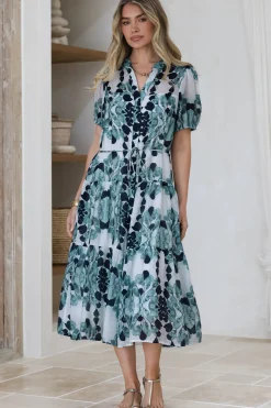 Lysa Midi Dress - Mandarin Collar Button Down Dress with Waist Tie in Calea Print Blue>Salty Crush Online