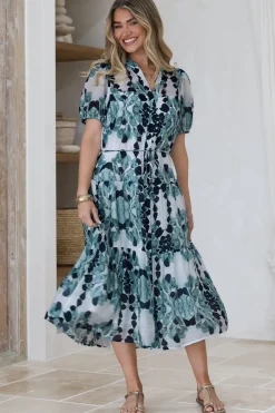 Lysa Midi Dress - Mandarin Collar Button Down Dress with Waist Tie in Calea Print Blue><noscript><img width=