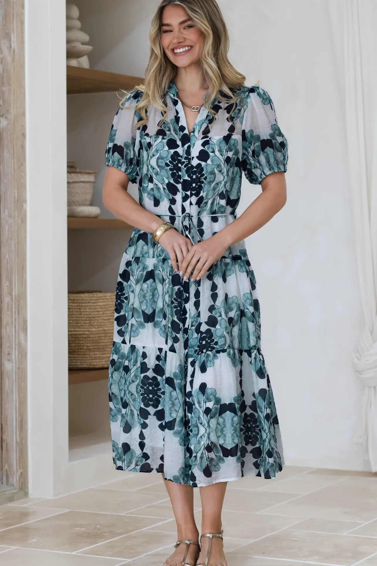 Lysa Midi Dress - Mandarin Collar Button Down Dress with Waist Tie in Calea Print Blue>Salty Crush Online