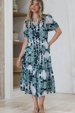 Lysa Midi Dress - Mandarin Collar Button Down Dress with Waist Tie in Calea Print Blue><noscript><img width=