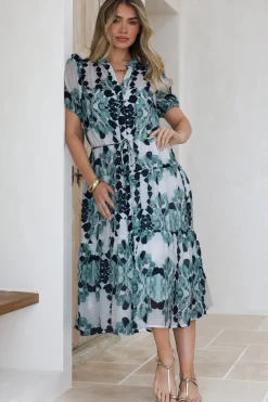 Lysa Midi Dress - Mandarin Collar Button Down Dress with Waist Tie in Calea Print Blue><noscript><img width=