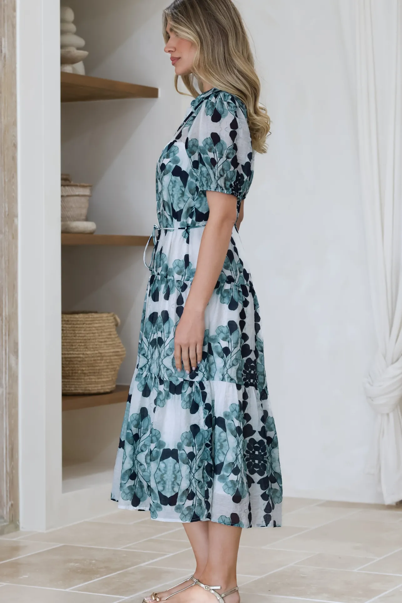 Lysa Midi Dress - Mandarin Collar Button Down Dress with Waist Tie in Calea Print Blue>Salty Crush Online