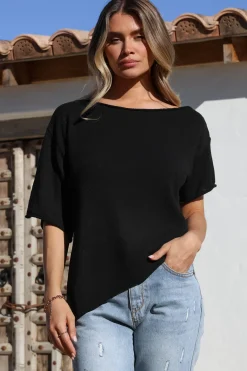 Lysandra Knit Top - Slouchy Asymmetrical Neckline Top in Black>Salty Crush Sale
