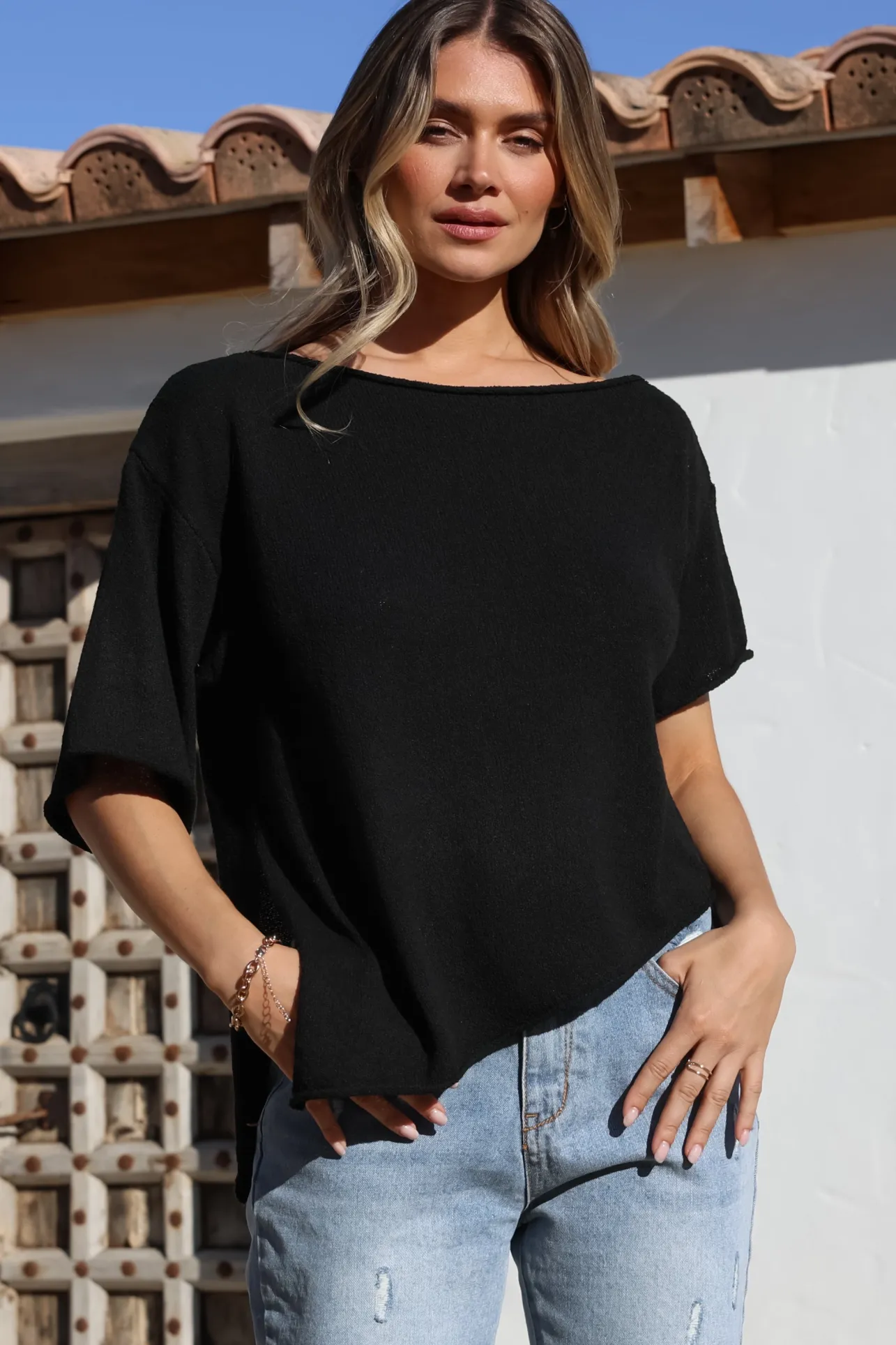 Lysandra Knit Top - Slouchy Asymmetrical Neckline Top in Black>Salty Crush Sale