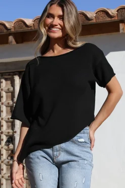 Lysandra Knit Top - Slouchy Asymmetrical Neckline Top in Black><noscript><img width=