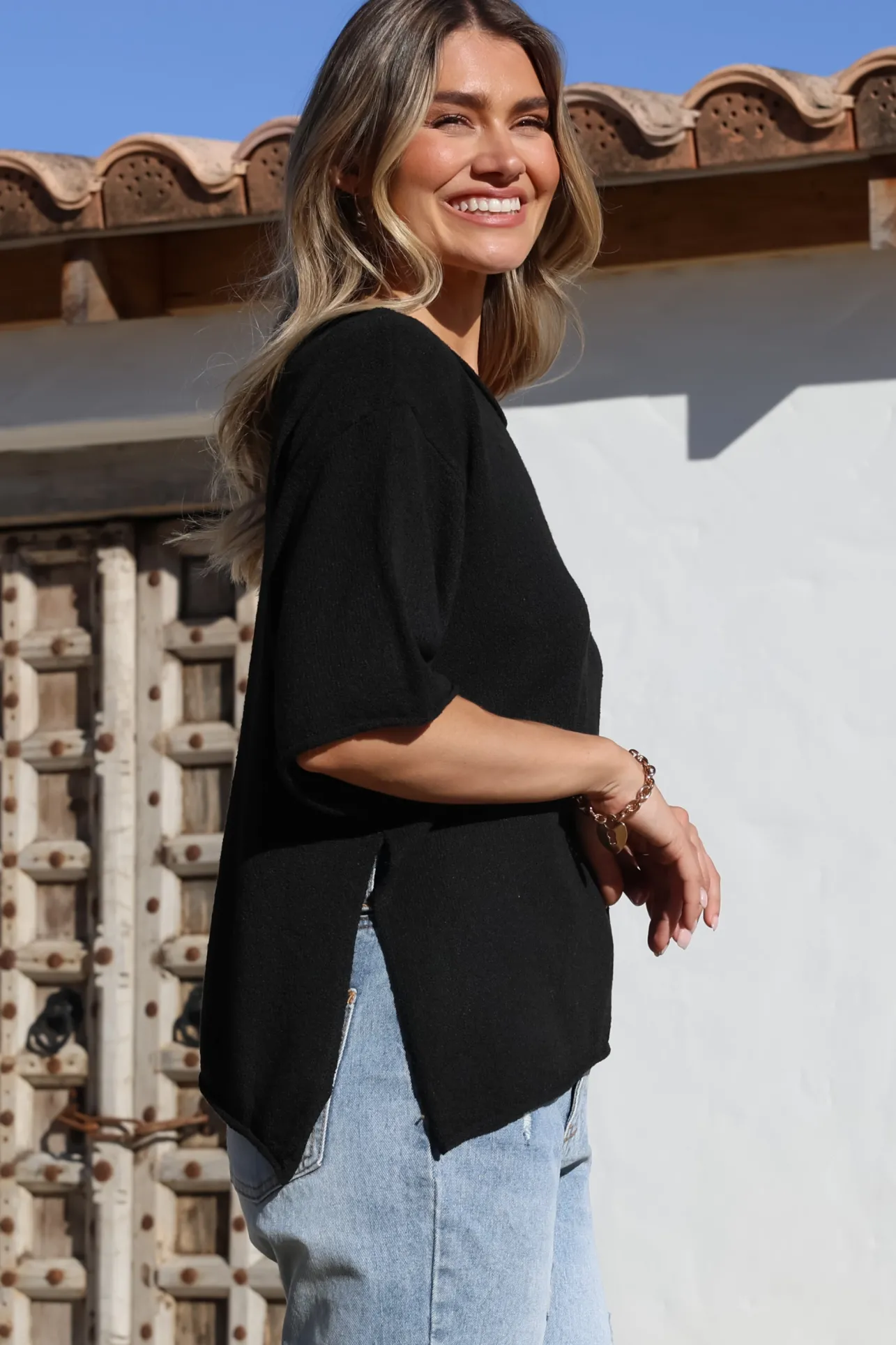 Lysandra Knit Top - Slouchy Asymmetrical Neckline Top in Black>Salty Crush Sale