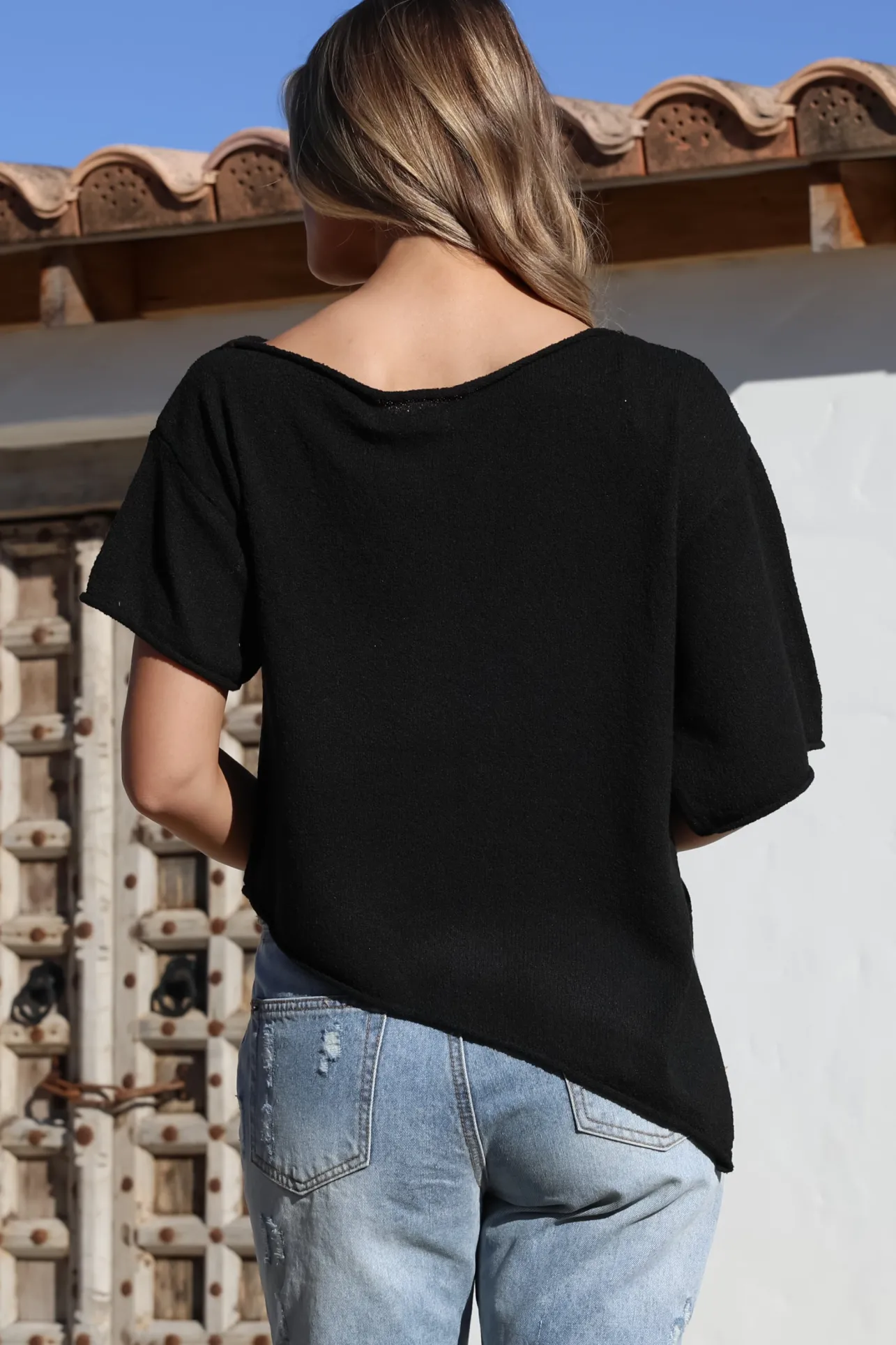 Lysandra Knit Top - Slouchy Asymmetrical Neckline Top in Black>Salty Crush Sale