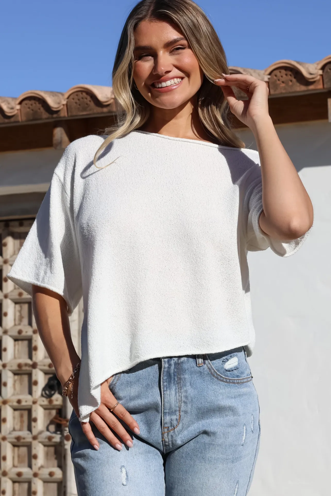 Lysandra Knit Top - Slouchy Asymmetrical Neckline Top in White>Salty Crush New