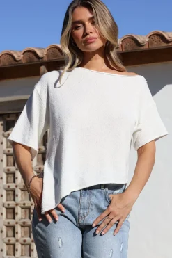 Lysandra Knit Top - Slouchy Asymmetrical Neckline Top in White><noscript><img width=