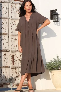 Madalena Midi Dress - Mandarin Collar Buttoned Bodice Smock Dress in Mocha>Salty Crush Outlet