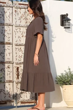 Madalena Midi Dress - Mandarin Collar Buttoned Bodice Smock Dress in Mocha><noscript><img width=