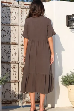 Madalena Midi Dress - Mandarin Collar Buttoned Bodice Smock Dress in Mocha><noscript><img width=