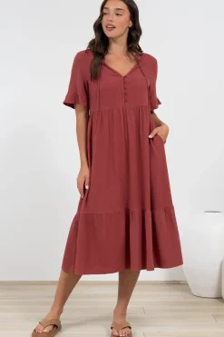 Madalena Midi Dress - Mandarin Collar Buttoned Bodice Smock Dress in Terracotta>Salty Crush
