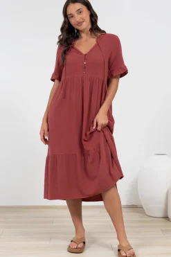 Madalena Midi Dress - Mandarin Collar Buttoned Bodice Smock Dress in Terracotta><noscript><img width=